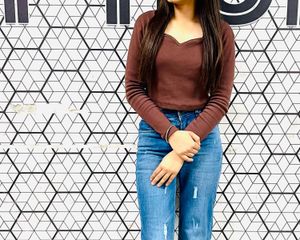 Brown V-Neck Long Sleeve Top