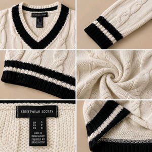 IVORY CABLE-KNIT BLACK-TRIM CROPPED V-NECK SWEATER