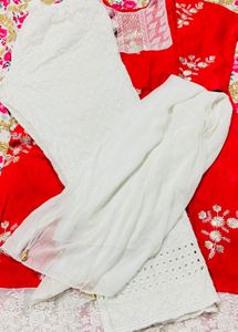 Red & White Chikankari Kurta Set