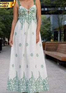 Elegant White Maxi Dress with Green Print