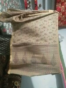 Elegant Beige Scarf with Gold Trim
