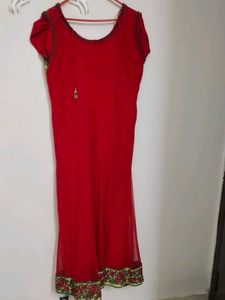Red Ethnic Gown with Floral Embroidery