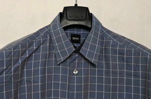 BOSS Men's Blue Checkered Short Sleeve Shirt