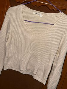 Womens Cream Ribbed V-Neck Cropped Sweater