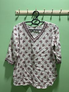 White Floral Print Kurta