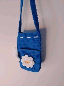 Handmade Blue Crochet Bag with Flowers