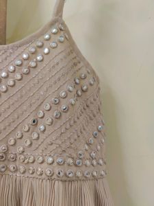 Beautiful Light Brown Knee Length Dress, Plastic Mirror Work, Round Neck, Stretchable, Adjustable Straps. Soft Material With Inner Lining. Totally New.