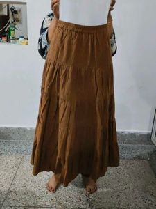 Brown Pleated Flared Maxi Skirt - Free Size