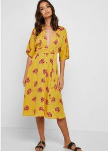 Yellow floral print dress with belt