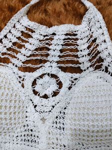 White Crochet Halter Bikini Top