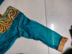 Teal &amp; Gold Embellished Anarkali Dress