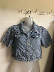Denim Crop Jacket with Puff Sleeves