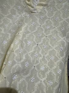 Butter Yellow Cotton Chikankari Kurta with Mukaish