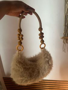 Fuzzy Cream Crescent Handbag