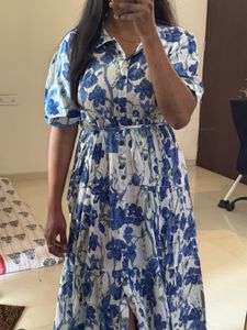 Blue Floral Tiered Midi Dress