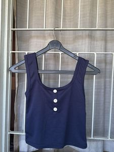Navy Blue Button-Up Crop Top