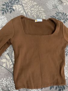 Brown Square Neck Long Sleeve Top