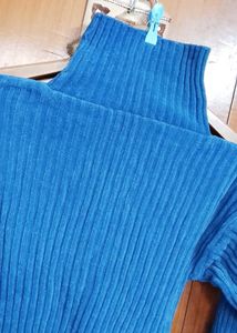 Blue Turtleneck Ribbed Sweater