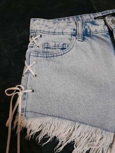 Bershka Light Blue Lace-Up Denim Shorts