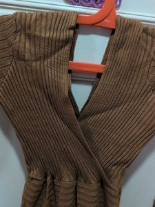 Brown Ribbed V-Neck Dress