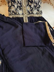 Elegant Navy Blue Embroidered Gown With Dupata &amp; P