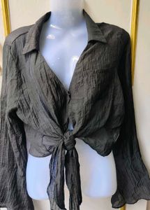 Sheer Bell Sleeve Tie Front Shirt