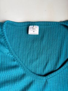 Teal Ribbed Puff Sleeve Top