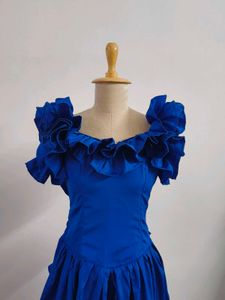 Royal Blue Vintage Ruffled Gown With Bow SnOn Back