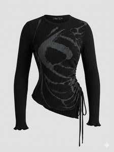 Ribbed Graphic Print Ruched Top