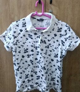 White Floral Print Polo T-Shirt