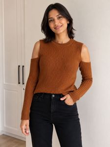 Chic Ribbed Cut-Out Brown Sweater