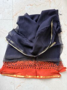 Rust Orange Block Print Georgette saree