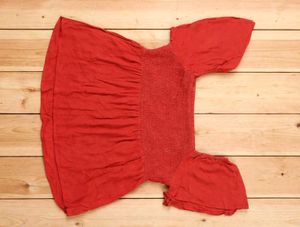 Red Smocked Blouse with Flutter Sleeves