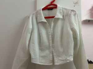 White Textured Cropped Shirt