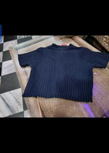 Navy Blue Ribbed Polo Neck Top