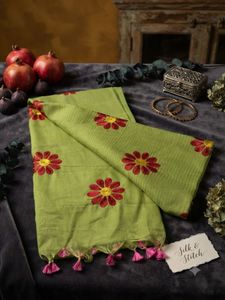 Green Embroidered Kota Saree with Tassels