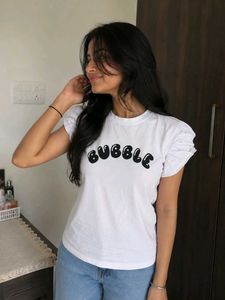 White Bubble Print Puff Sleeve T-Shirt