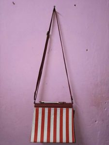 Red &amp; White Striped box sling Bag