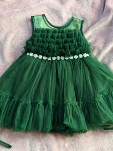 Bottle Green Glittery Net Birthday Frock