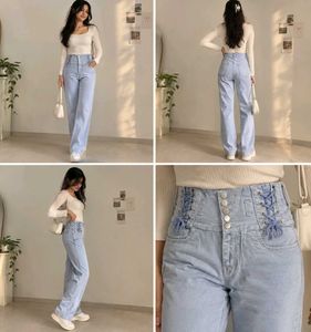 High Waisted Lace-Up Ice Blue Jeans