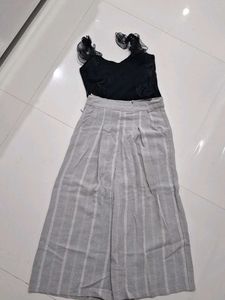 Stylish Black Top & Striped Pants Set