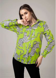 Lime Green Leopard Print Button-Up Shirt
