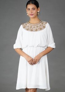 Elegant White Embellished Neckline Dress