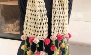 Cream Crochet Scarf with Floral Tassels
