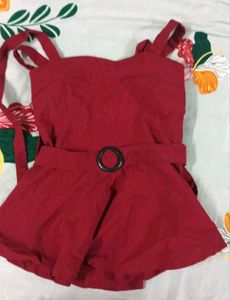 Chic Red Belted Peplum Top