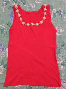 Red Tank Top with Embellished Neckline