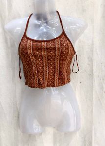 I. Brown Patterned Halter Neck Crop Top