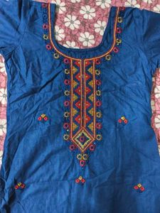 Embroidered Blue Cotton Kurta Set with Dupatta
