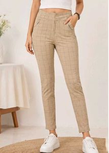 Stylish Beige Check Print Leggings for Women