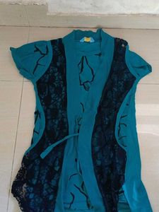 Teal & Black Lace Trim Kurta